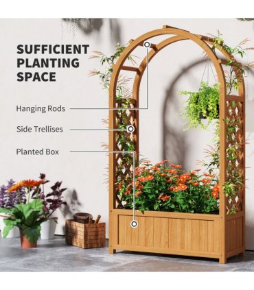 Outsunny Wooden Raised Garden Bed, Trellis Planter w/ Trellis, Fabric Liner