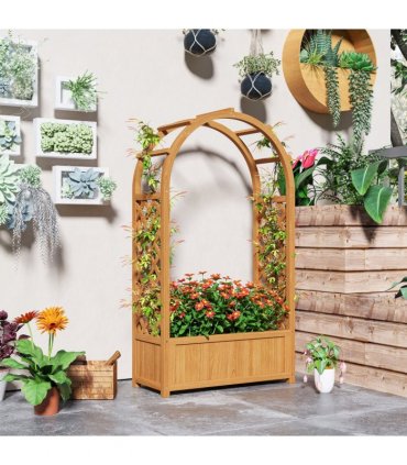Outsunny Wooden Raised Garden Bed, Trellis Planter w/ Trellis, Fabric Liner