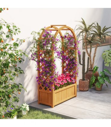 Outsunny Wooden Raised Garden Bed, Trellis Planter w/ Trellis, Fabric Liner