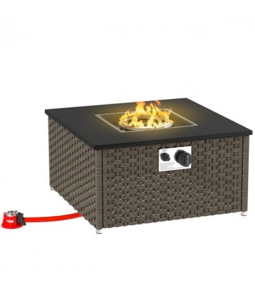 Outsunny 13 KW Rattan Gas Fire Pit Table, Propane Fire Pit for Garden, Grey