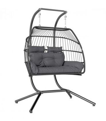 Outsunny Rattan Double Hanging Egg Chair with Stand, Cushion, Dark Grey