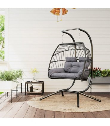 Outsunny Rattan Double Hanging Egg Chair with Stand, Cushion, Dark Grey