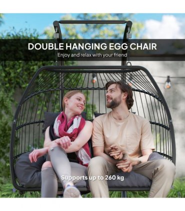 Outsunny Rattan Double Hanging Egg Chair with Stand, Cushion, Dark Grey