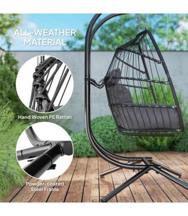 Outsunny Rattan Double Hanging Egg Chair with Stand, Cushion, Dark Grey