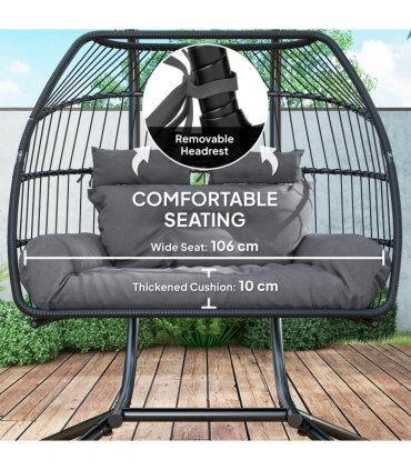 Outsunny Rattan Double Hanging Egg Chair with Stand, Cushion, Dark Grey