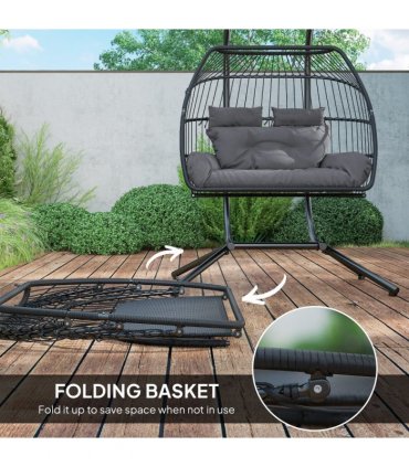 Outsunny Rattan Double Hanging Egg Chair with Stand, Cushion, Dark Grey