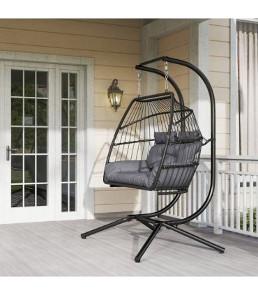 Outsunny Rattan Double Hanging Egg Chair with Stand, Cushion, Dark Grey