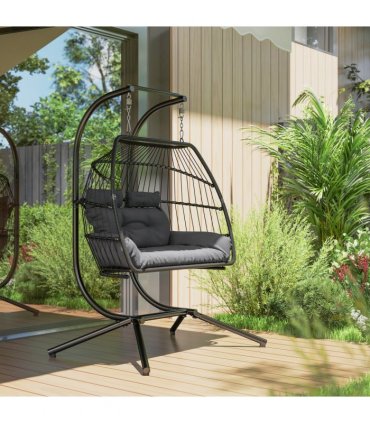 Outsunny Rattan Double Hanging Egg Chair with Stand, Cushion, Dark Grey