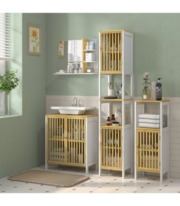HOMCOM Bathroom Floor Cabinet Bamboo Bathroom Cupboard with Adjustable Shelf