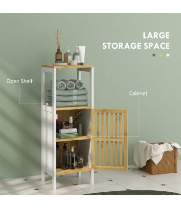 HOMCOM Bathroom Floor Cabinet Bamboo Bathroom Cupboard with Adjustable Shelf
