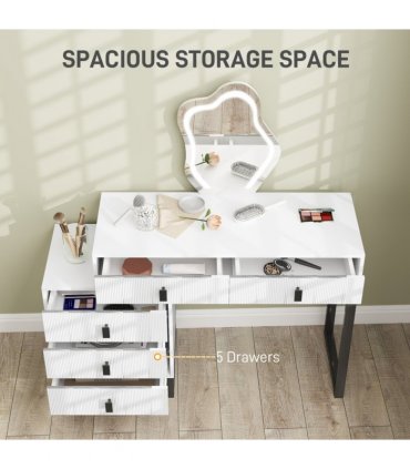 HOMCOM Dressing Table with LED Leaf Shape Mirror and 5 Drawers, White