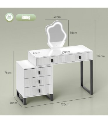 HOMCOM Dressing Table with LED Leaf Shape Mirror and 5 Drawers, White