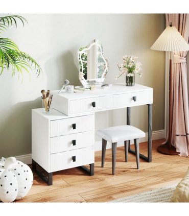 HOMCOM Dressing Table with LED Leaf Shape Mirror and 5 Drawers, White