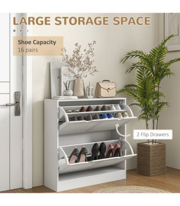 HOMCOM Slim Shoe Storage Cabinet with 2 Flip Drawers for Entryway, White