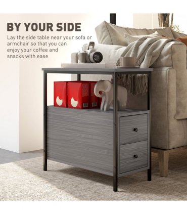 HOMCOM Narrow End Table, Sofa Side Table with 2 Drawers Storage Shelf, Grey