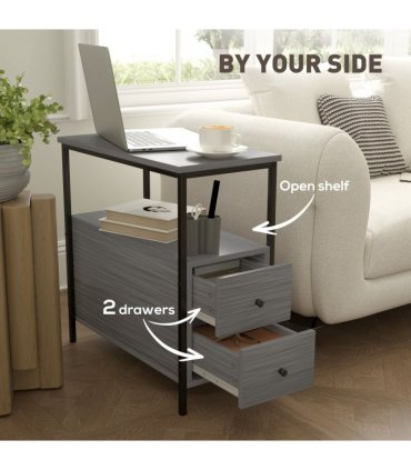 HOMCOM Narrow End Table, Sofa Side Table with 2 Drawers Storage Shelf, Grey