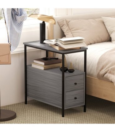 HOMCOM Narrow End Table, Sofa Side Table with 2 Drawers Storage Shelf, Grey