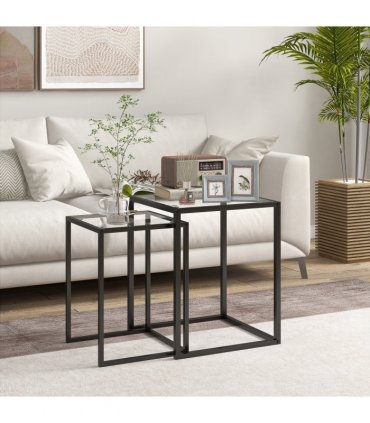 HOMCOM Nesting Tables Set of 2, End Table with Tempered Glass Top, Black