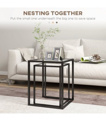 HOMCOM Nesting Tables Set of 2, End Table with Tempered Glass Top, Black