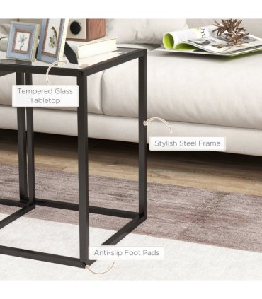 HOMCOM Nesting Tables Set of 2, End Table with Tempered Glass Top, Black