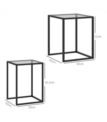 HOMCOM Nesting Tables Set of 2, End Table with Tempered Glass Top, Black