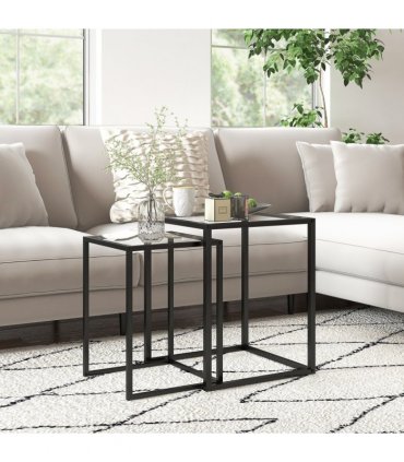 HOMCOM Nesting Tables Set of 2, End Table with Tempered Glass Top, Black