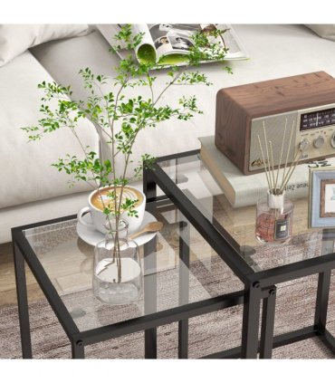 HOMCOM Nesting Tables Set of 2, End Table with Tempered Glass Top, Black