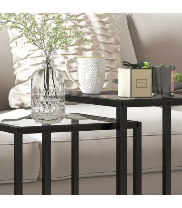 HOMCOM Nesting Tables Set of 2, End Table with Tempered Glass Top, Black