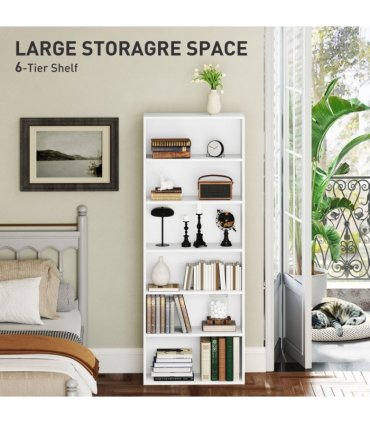 6-Tier Bookshelf, Freestanding Bookcase with Adjustable Shelves, White