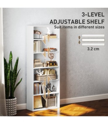 6-Tier Bookshelf, Freestanding Bookcase with Adjustable Shelves, White