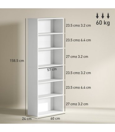 6-Tier Bookshelf, Freestanding Bookcase with Adjustable Shelves, White