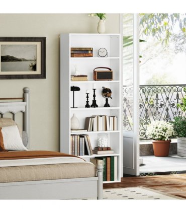 6-Tier Bookshelf, Freestanding Bookcase with Adjustable Shelves, White