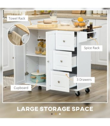 HOMCOM Kitchen Island on Wheels, Kitchen Cart with Drop Leaf, White