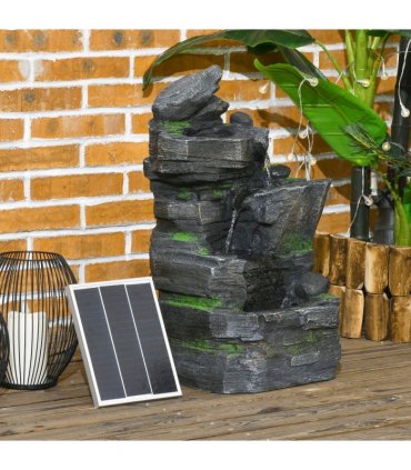 Outsunny Garden Fountain, Outdoor Water Feature With LED Light, Dark Grey
