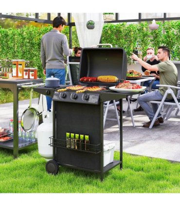 Outsunny 4 Burner Gas Barbecue Grill Portable Gas BBQ Grill with Lid, Black