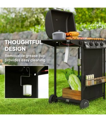 Outsunny 4 Burner Gas Barbecue Grill Portable Gas BBQ Grill with Lid, Black