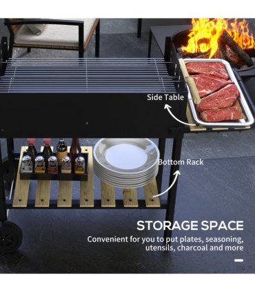 Outsunny Charcoal BBQ Grill with Side Table, Storage Shelf and Wheels
