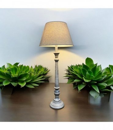 AcaciaHome Stylish & Elegant Tall Wooden Grey Washed 60 cm Table Lamp with Taupe Linen Shade – Energy-Efficient E27 Bulb with Shabby Chic Lighting for Bedroom, Living Room & Office