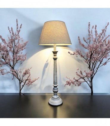 AcaciaHome Stylish & Elegant Tall Wooden Grey Washed 60 cm Table Lamp with Taupe Linen Shade – Energy-Efficient E27 Bulb with Shabby Chic Lighting for Bedroom, Living Room & Office