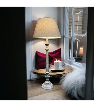AcaciaHome Stylish & Elegant Tall Wooden Grey Washed 60 cm Table Lamp with Taupe Linen Shade – Energy-Efficient E27 Bulb with Shabby Chic Lighting for Bedroom, Living Room & Office