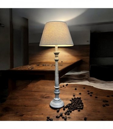 AcaciaHome Stylish & Elegant Tall Wooden Grey Washed 60 cm Table Lamp with Taupe Linen Shade – Energy-Efficient E27 Bulb with Shabby Chic Lighting for Bedroom, Living Room & Office