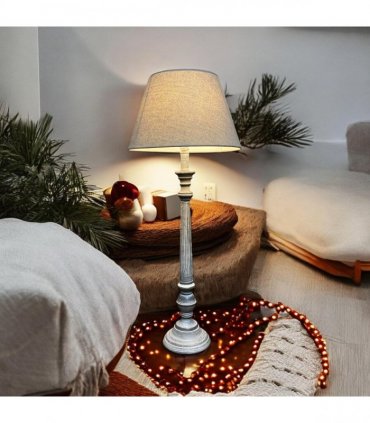 AcaciaHome Stylish & Elegant Tall Wooden Grey Washed 60 cm Table Lamp with Taupe Linen Shade – Energy-Efficient E27 Bulb with Shabby Chic Lighting for Bedroom, Living Room & Office
