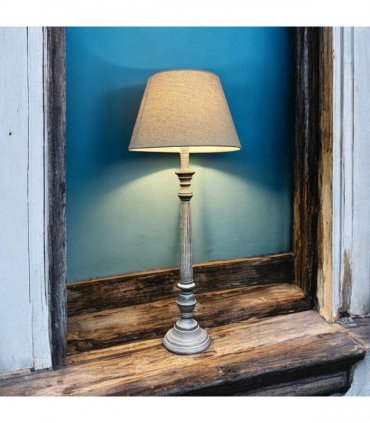 AcaciaHome Stylish & Elegant Tall Wooden Grey Washed 60 cm Table Lamp with Taupe Linen Shade – Energy-Efficient E27 Bulb with Shabby Chic Lighting for Bedroom, Living Room & Office