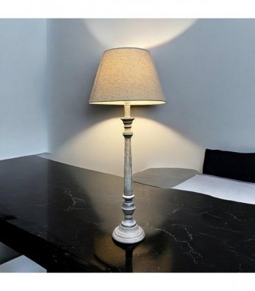 AcaciaHome Stylish & Elegant Tall Wooden Grey Washed 60 cm Table Lamp with Taupe Linen Shade – Energy-Efficient E27 Bulb with Shabby Chic Lighting for Bedroom, Living Room & Office