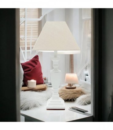 AcaciaHome Stylish & Elegant Tall Wooden Grey Washed 43 cm Table Lamp with Taupe Linen Shade – Energy-Efficient E27 Bulb with Shabby Chic Lighting for Bedroom, Living Room & Office