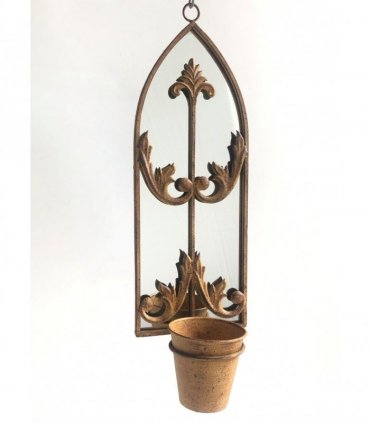 Rusty Arched 60cm Metal Garden Wall Mirror with Planter – Stylish & Durable Floral Design for Outdoor Patio, Balcony, Porch, or Indoor Decor – Vintage Patina Accent for Any Space (Dark Brown)