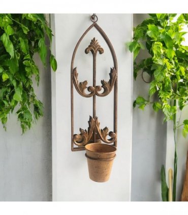 Rusty Arched 60cm Metal Garden Wall Mirror with Planter – Stylish & Durable Floral Design for Outdoor Patio, Balcony, Porch, or Indoor Decor – Vintage Patina Accent for Any Space (Dark Brown)