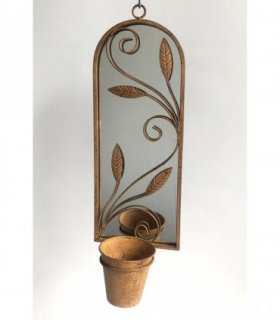 Rusty Arched 60cm Metal Garden Wall Mirror with Planter – Stylish & Durable Floral Design for Outdoor Patio, Balcony, Porch, or Indoor Decor – Vintage Patina Accent for Any Space (Light Brown)
