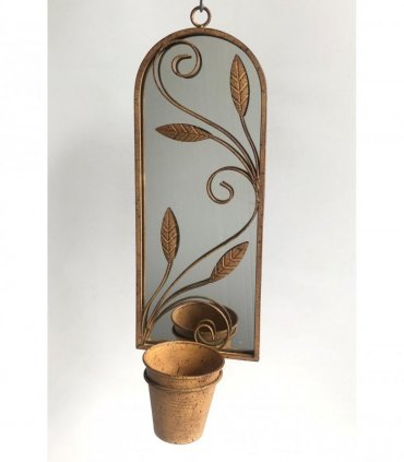 Rusty Arched 60cm Metal Garden Wall Mirror with Planter – Stylish & Durable Floral Design for Outdoor Patio, Balcony, Porch, or Indoor Decor – Vintage Patina Accent for Any Space (Light Brown)