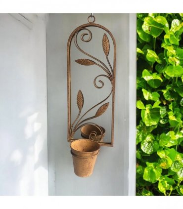 Rusty Arched 60cm Metal Garden Wall Mirror with Planter – Stylish & Durable Floral Design for Outdoor Patio, Balcony, Porch, or Indoor Decor – Vintage Patina Accent for Any Space (Light Brown)